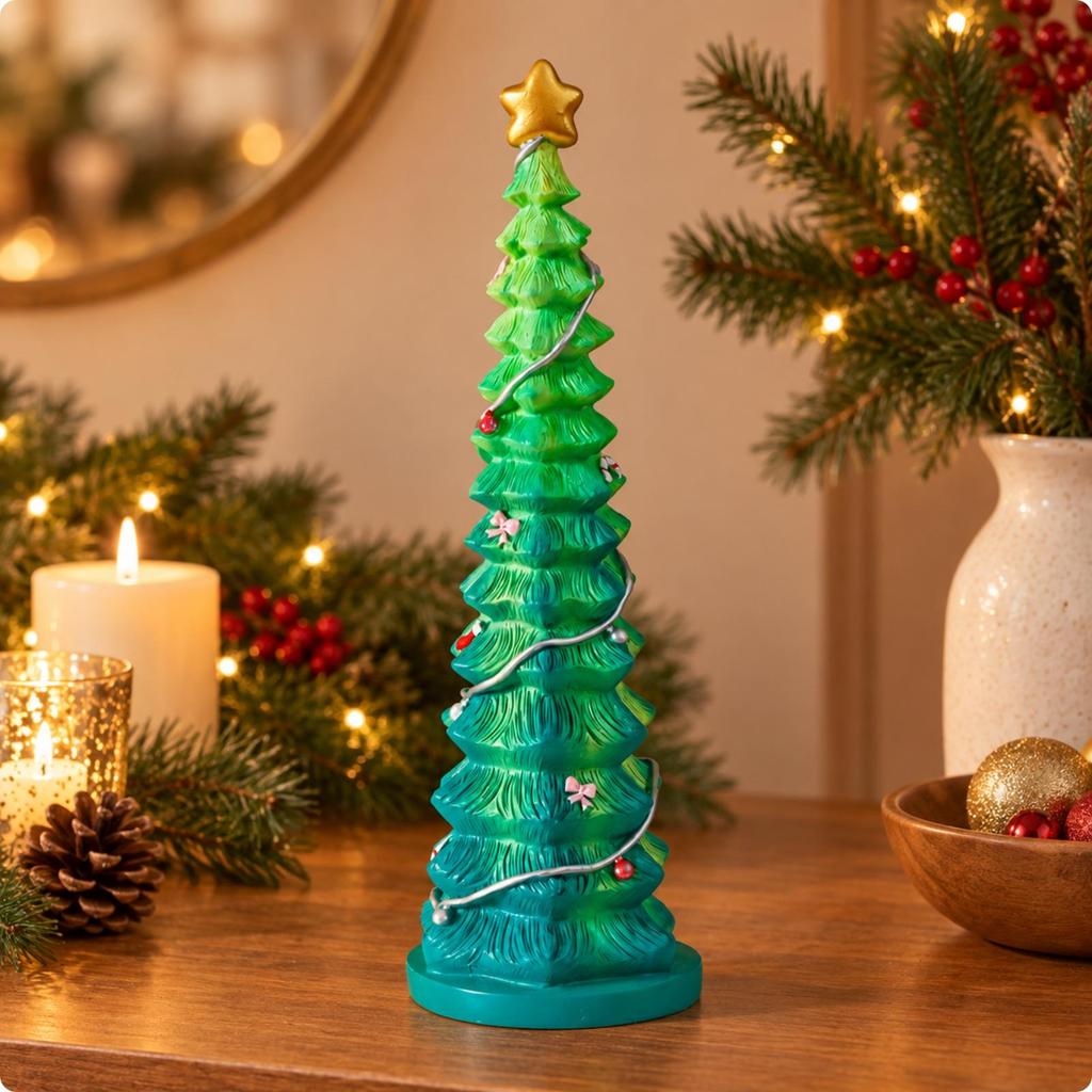Tabletop Christmas Tree with Star Topper Freestanding Round Base Compact Holiday