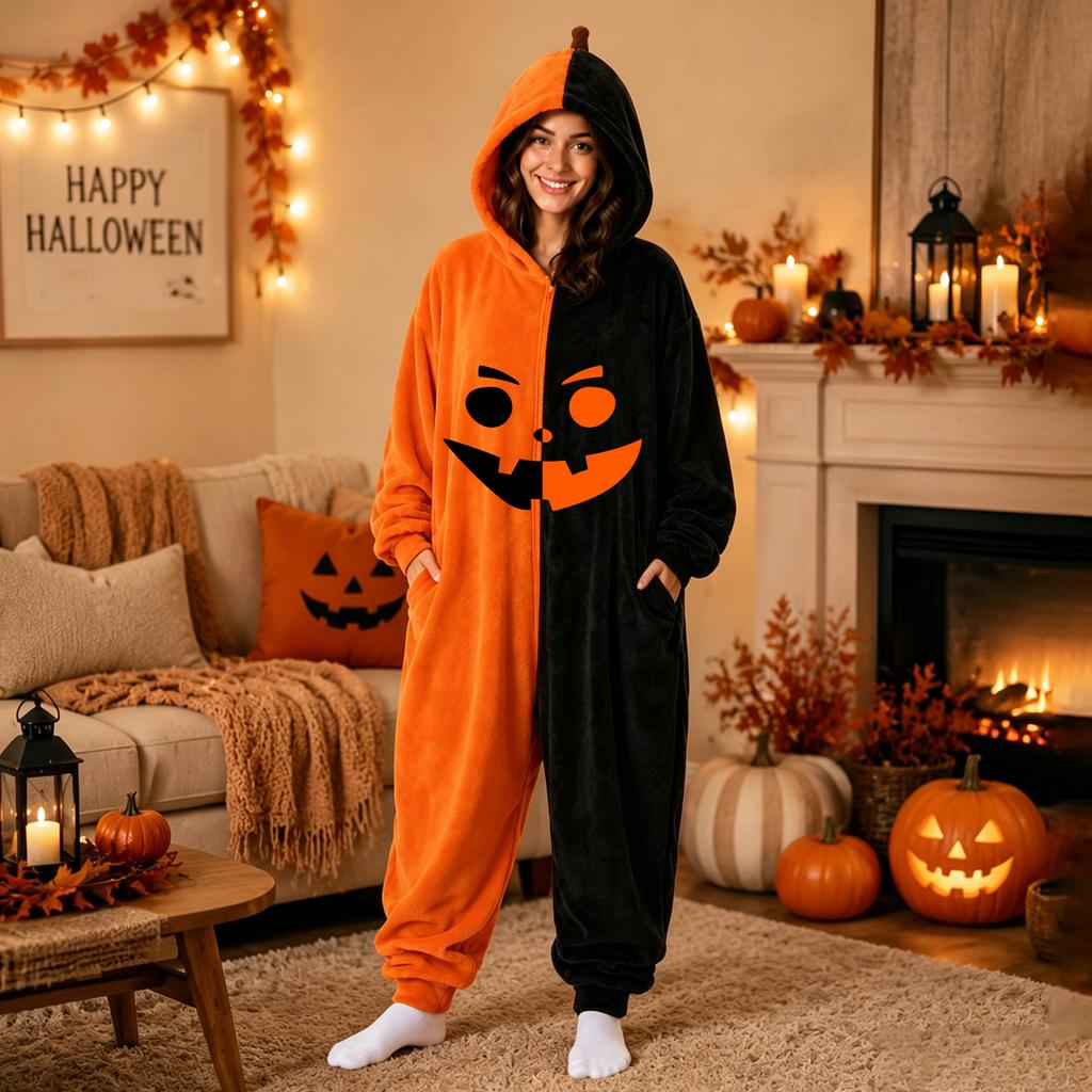 Damen Halloween Print Flanell Strampler Loungewear Set für gemütliches Entspannen