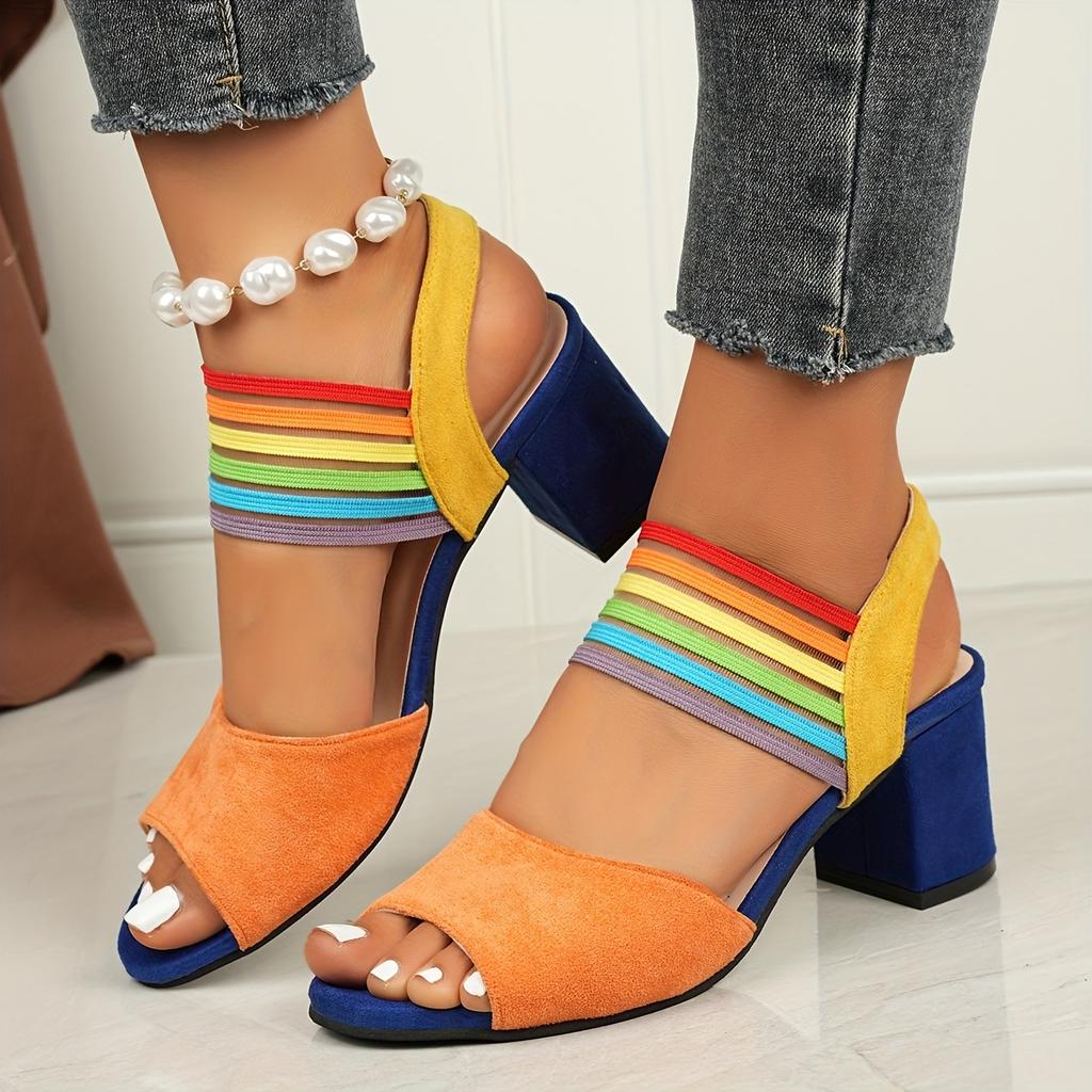 Women's Summer Colorful Ribbon Sandals - High Heel Cross Strap Ankle Strap Sandals, Round Toe Rhinestone Buckle Dressy Sandals for Ladies