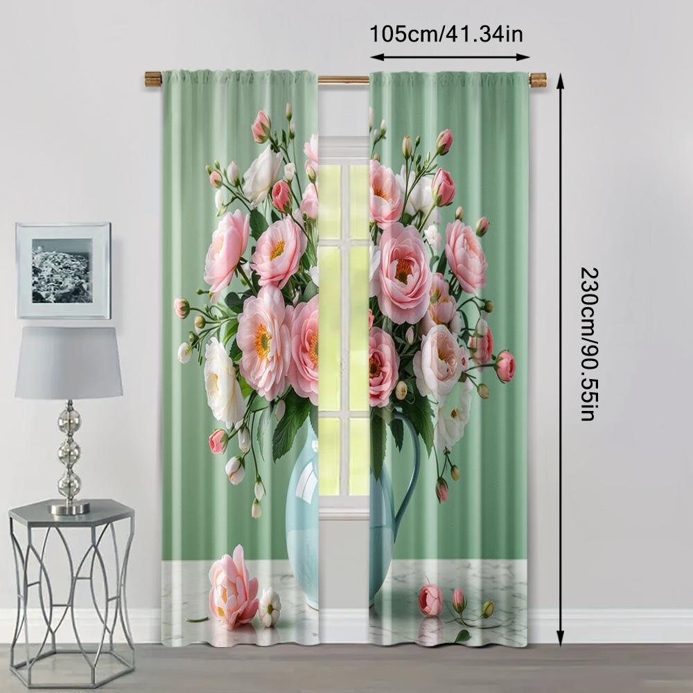 2pcs, Popular Curtain Panels Green Flowers Machine Washable Polyester (without rod) Stuff Clearance for Kitchen Living Room