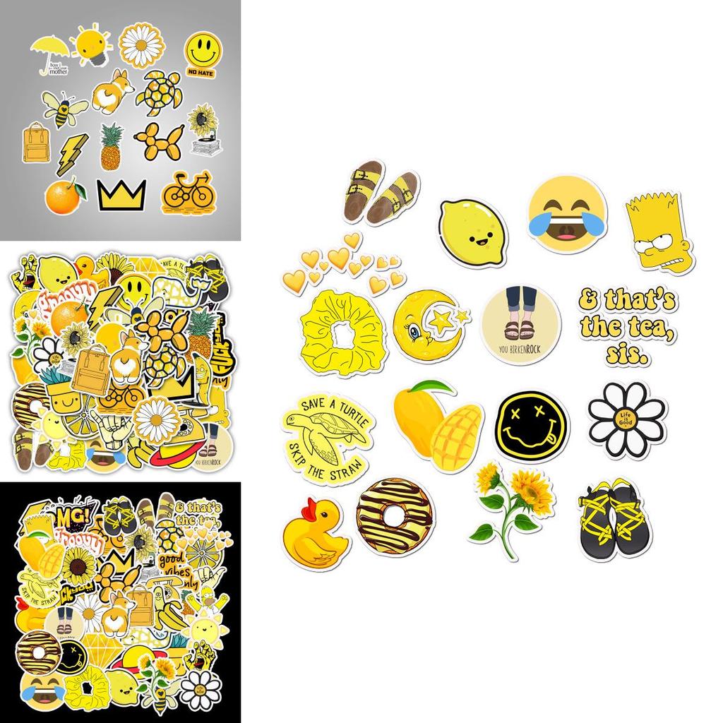 50 Pack Bright Yellow Waterproof Laptop Stickers With Cute Cartoon Designs For Travel