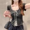 Women's Summer Chic Ruffled Lace-Up U-Neck Short-Sleeve T-Shirt, Slim Fit, Faux Two-Piece Design