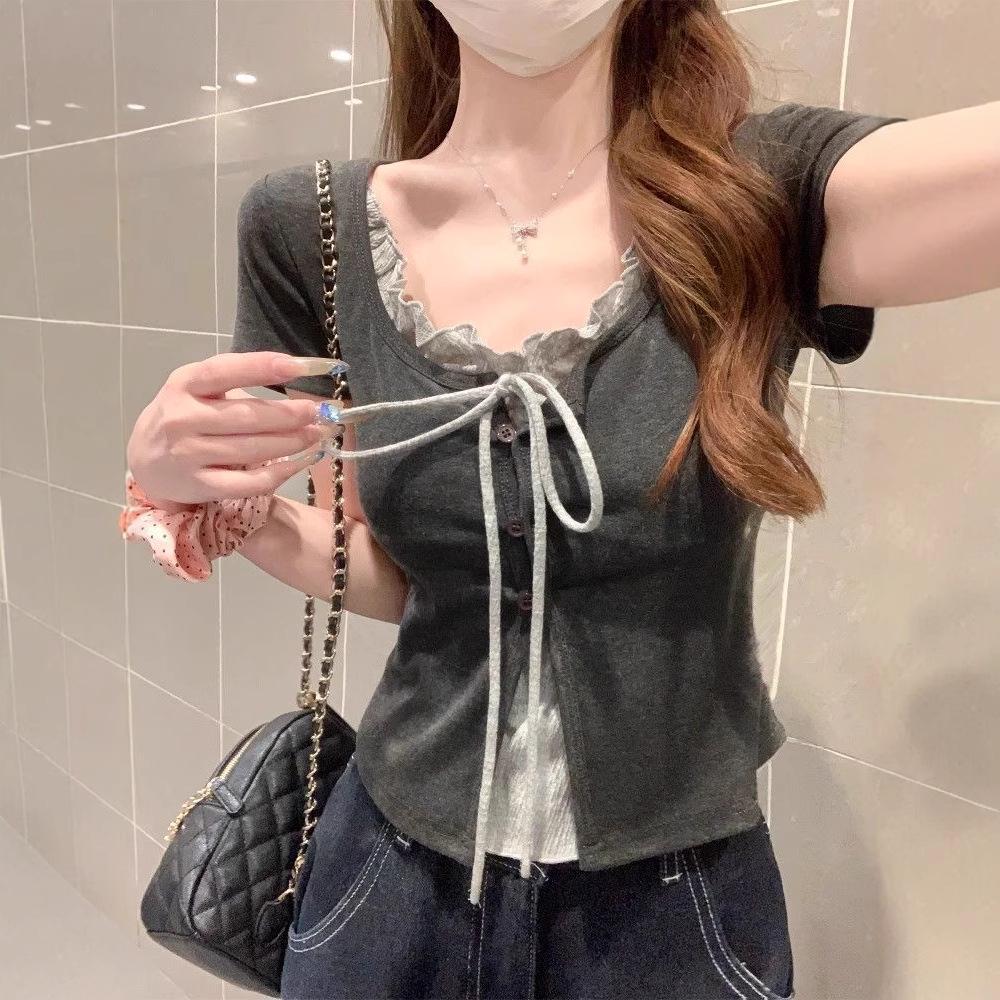 Women's Summer Chic Ruffled Lace-Up U-Neck Short-Sleeve T-Shirt, Slim Fit, Faux Two-Piece Design