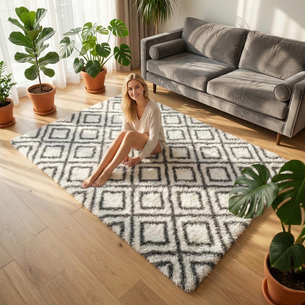 Shaggy Living Room Rug DECOR Non-slip Soft Fluffy Fashionable 120x170 White Cube