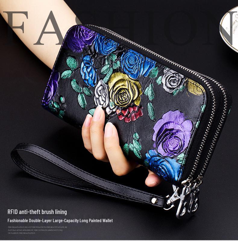Rose Flower Ladies Genuine Leather Wallet – Double Zipper, Large Capacity, Multi-card Slots