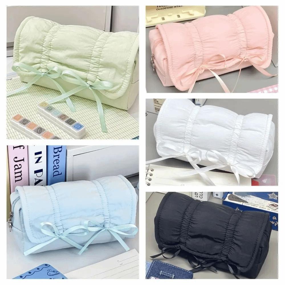 INS Bow Drawstring Pen Bag Large Capacity Stationery Storage Bag Solid Color Pencil Case  Gift