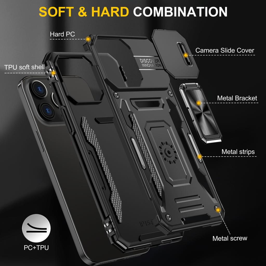 Armor Series For iPhone 16 Pro Case Slide Lens Lid PC+TPU Anti-drop Kickstand Phone Cover