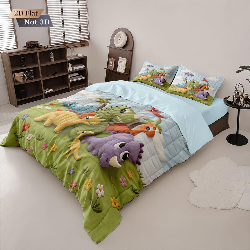 3pcs Cartoon Cute Dinosaur Print Coreless Down Duvet Cover Set Multi Size Bedroom Bedding Decoration Machine Washable