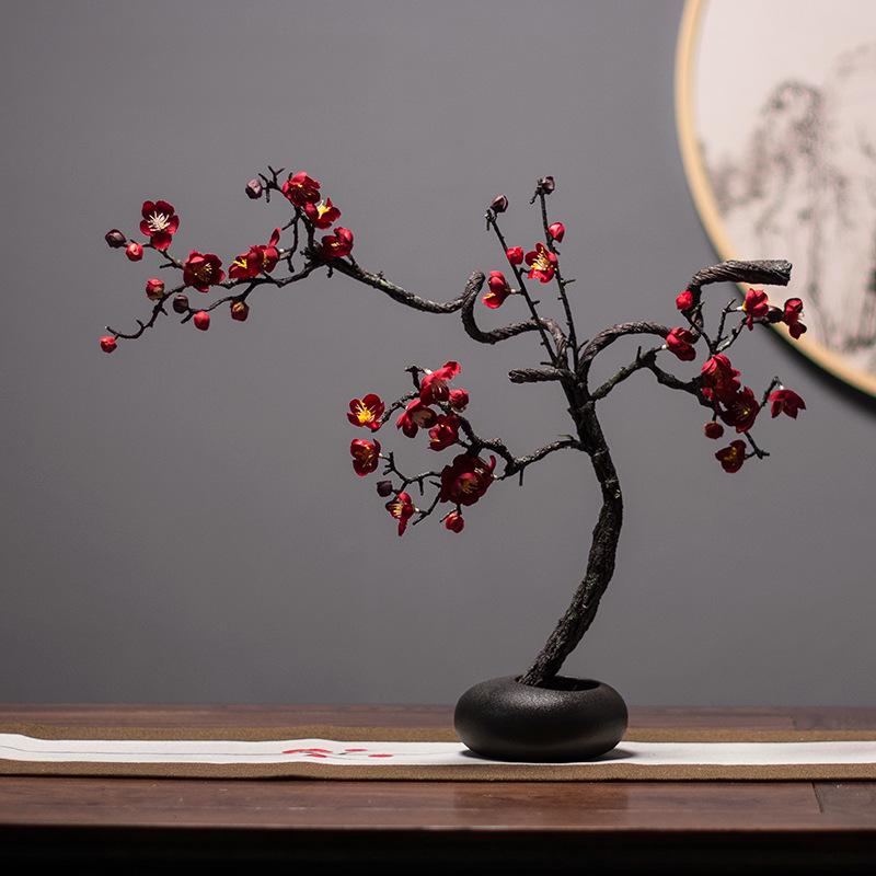 Zen Stijl Kunstmatige Pruimenbloesem en Magnolia Bloemenarrangement voor Woonkamer Decoratie
