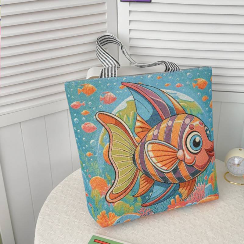 Cartoon Canvas Tote Bag Large Capacity Embroidered Floral For Casual Travel