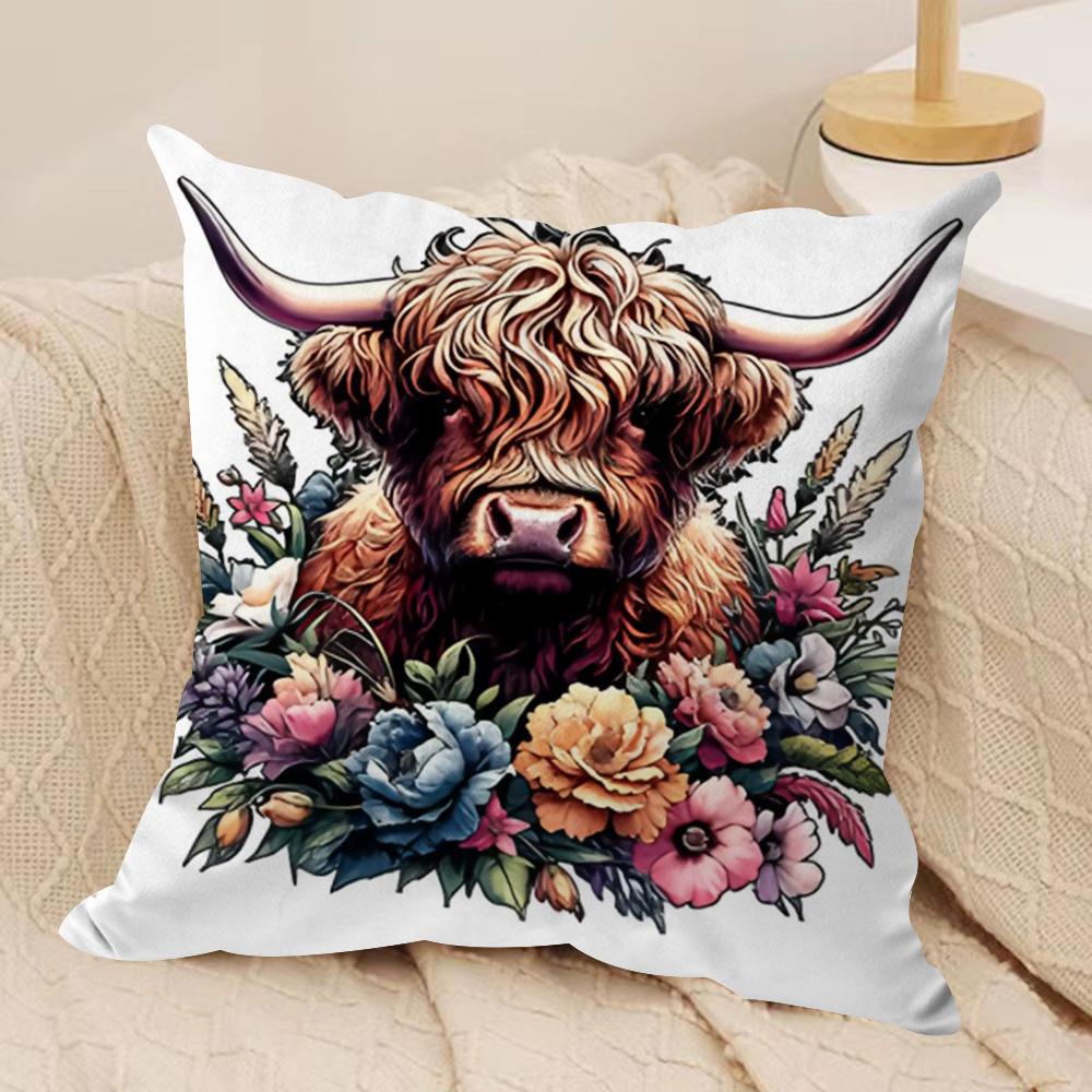 Capa de Almofada Vaca das Terras Altas e Flor Tecido de Pelúcia Macio Capas de Almofada Impressas em Ambos os Lados para Todas as Estações Decoração de Casa
