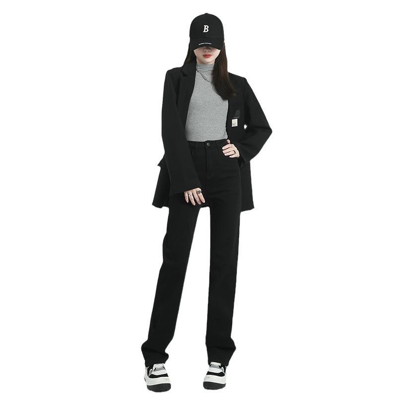 Women's Black High-Waist Wide-Leg Jeans, Spring 2024 - Loose, Slim Fit, Casual Straight-Leg Style