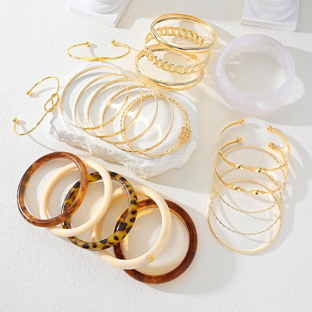 21 Pcs Fashion Geometric Wide Bangle Set for Women Retro Elegant Minimalist Gold Color Metal and Leopard Print Resin Bracelets