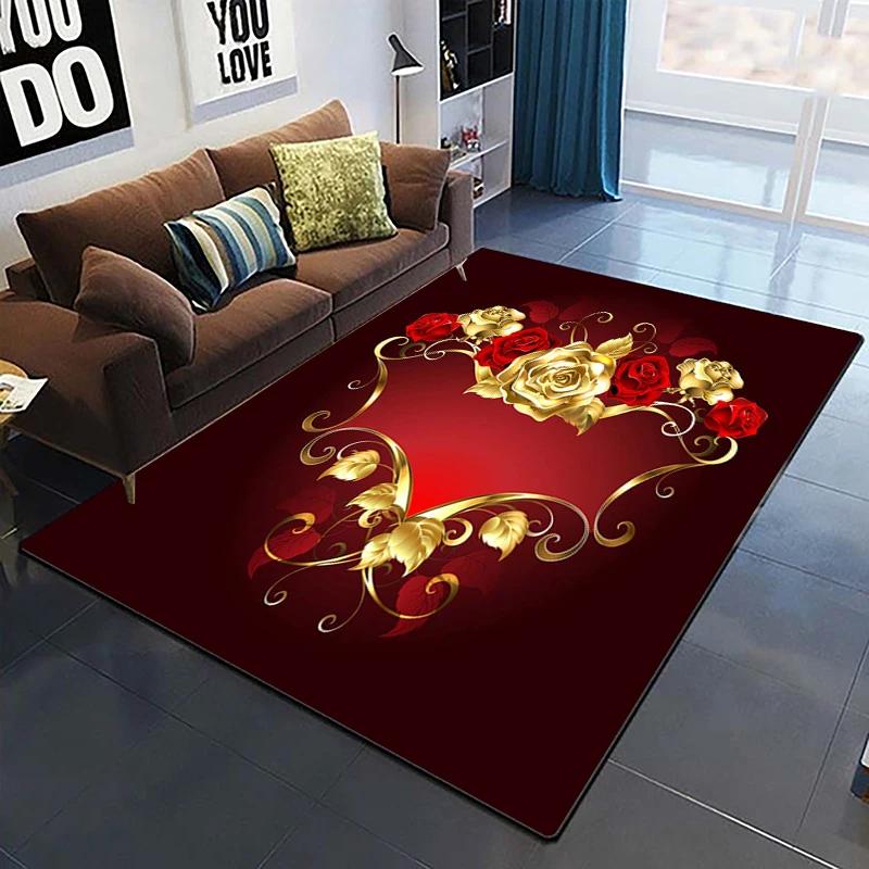 Goldene Rose Blumenteppich Für Zuhause Schlafzimmer Wohnzimmer Sofa Tisch Dekor Weicher Teppich Küchenbodenmatte 3D-Druck Blumenmuster Fußmatte