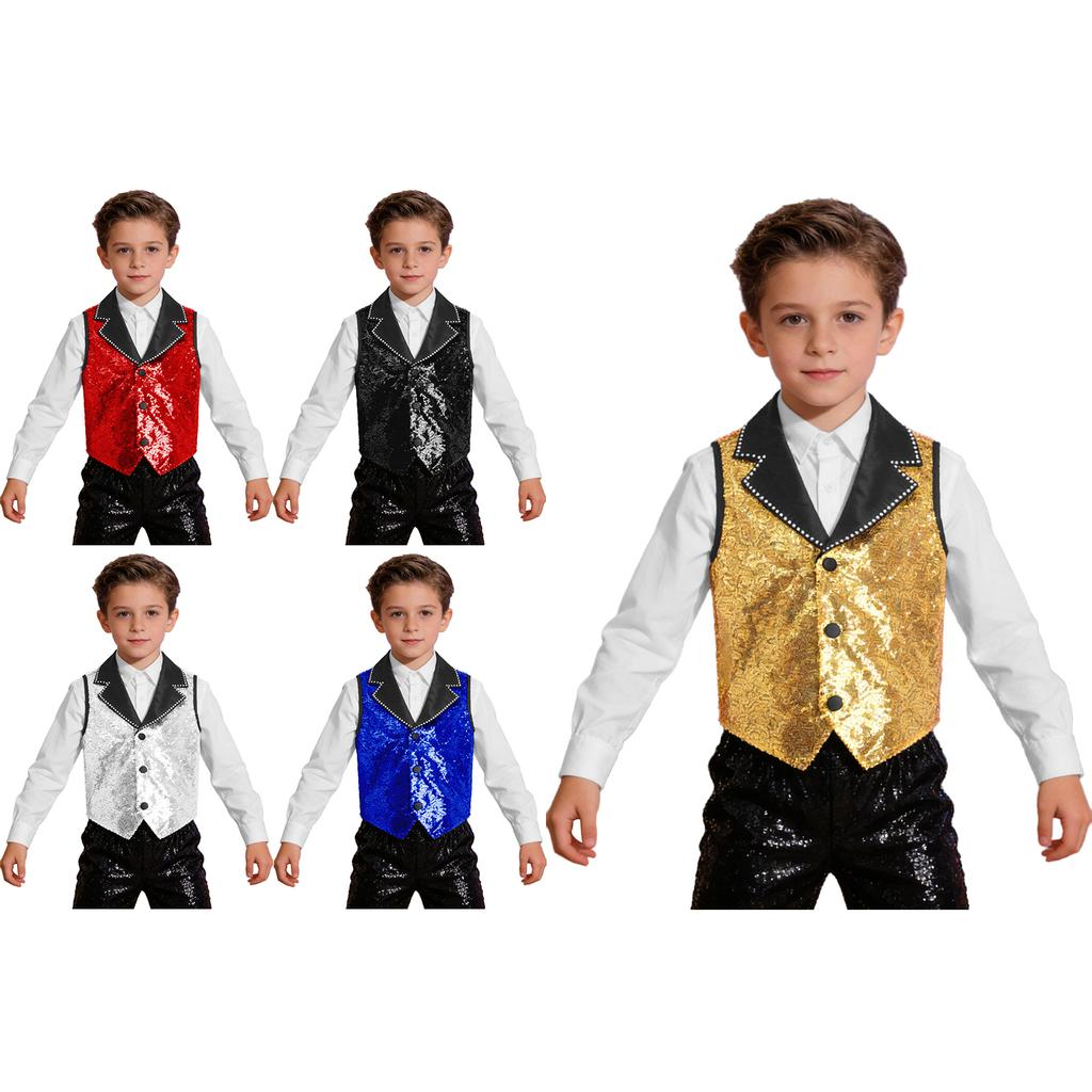 Sparkling Sequin Vest for Kids Contrast Lapel Collar Sleeveless Asymmetrical Hem Top for Stage Performance Dance Costume
