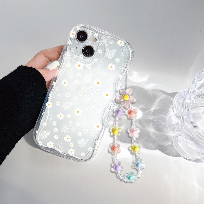 Clear Floral Leaf Chain Strap 3D Wave Case For IPhone 17 16 15 14 13 12 11 Pro Max 17 Pro 17 Air 16e 16 Plus 13 Mini Soft Cover
