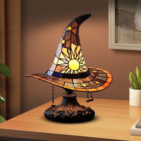 Witch Hat Lamp Stained Glass Resin Wizard Hat Light Spooky Gothic Table Lamp Decorative Standing Light for Indoor Party Haunted Halloween Bedroom