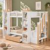 Bunk bed, loft bed, children's bed, wooden bed 90x200cm with drawer, fall protection and storage staircase, castle-shaped storage, white+natural color
