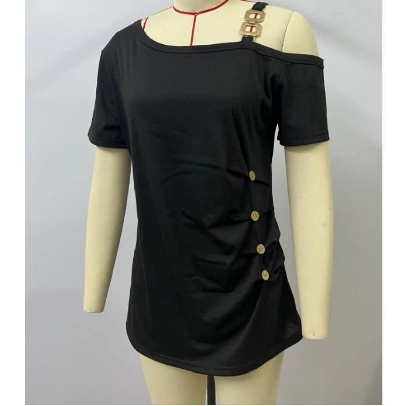 New Summer Women's Simple Short-sleeved Metal Button Pleated T-shirt Top
