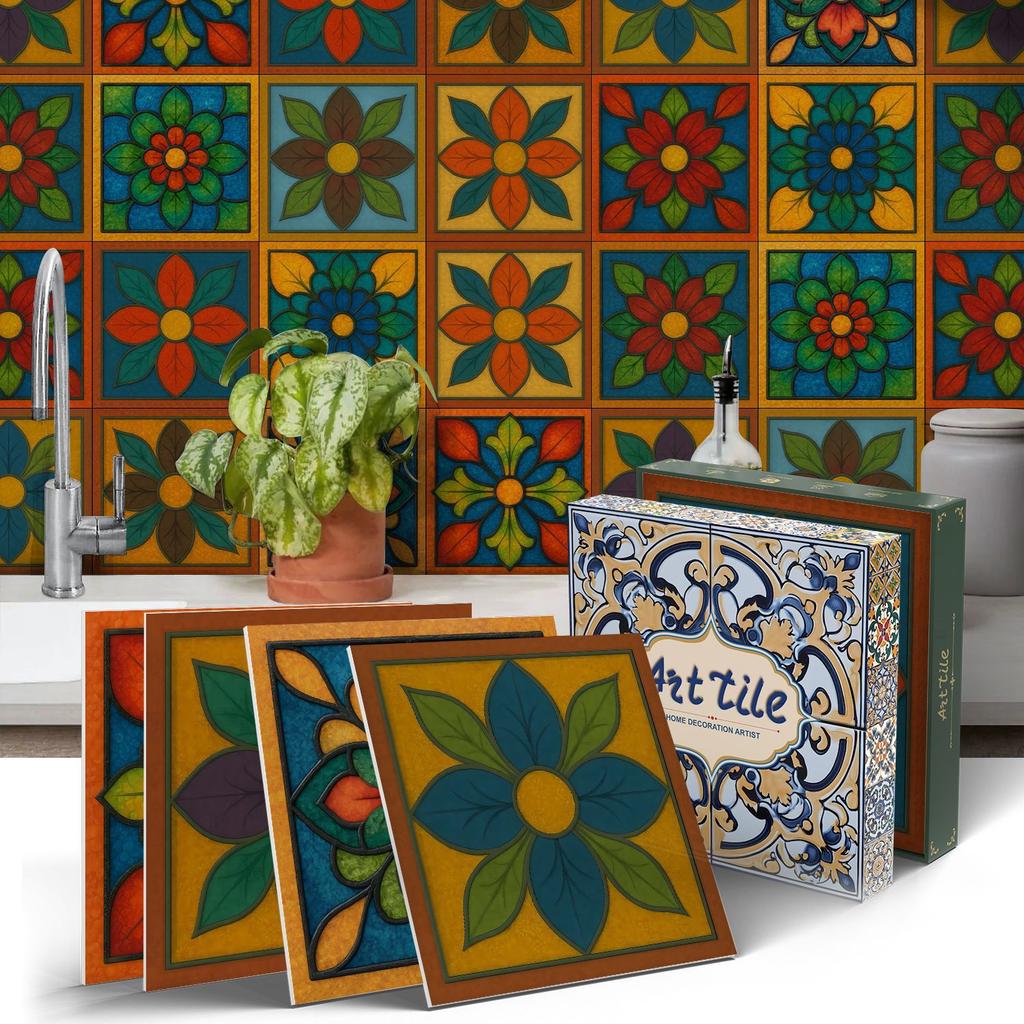 PET Foam Thickened Self-adhesive Wall Sticker, Waterproof and Anti-fouling European Mandala Wallpaper Tile Sticker for Kitchen and Bedroom