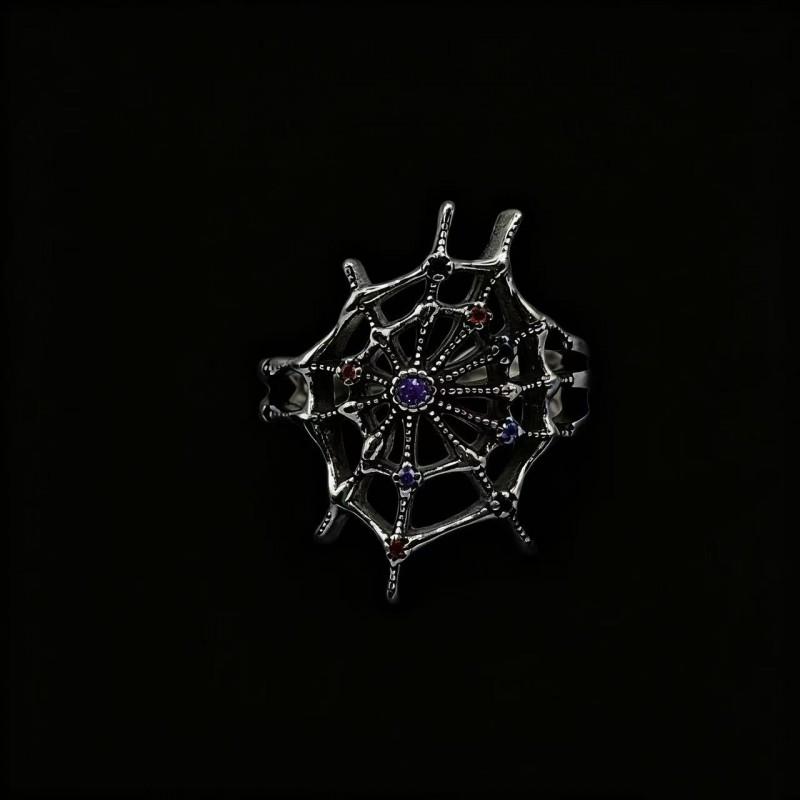 Adjustable Gothic Vintage Spiderweb Ring With Black Purple Crystal Inlay Women Men