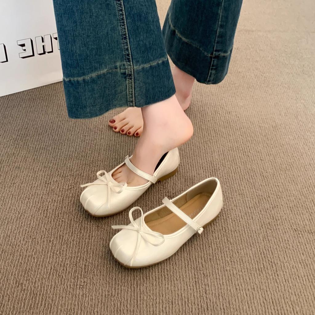 Mary Jane shoes women's shoes 2025 new summer French flat ballet shallow mouth bow with skirt single shoes