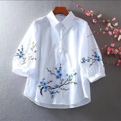 Weißes Besticktes Hemd Damen Bluse Reine Baumwolle Für Damen Sommer Locker Pullover Freizeit Literarisch Laternenärmel Damenhemd
