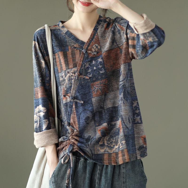 Stylish Shirring Drawstring Blouse Spring Autumn Folk Printed Chinese Disc Buckle Female Clothing Loose Casual V-Neck Shirt