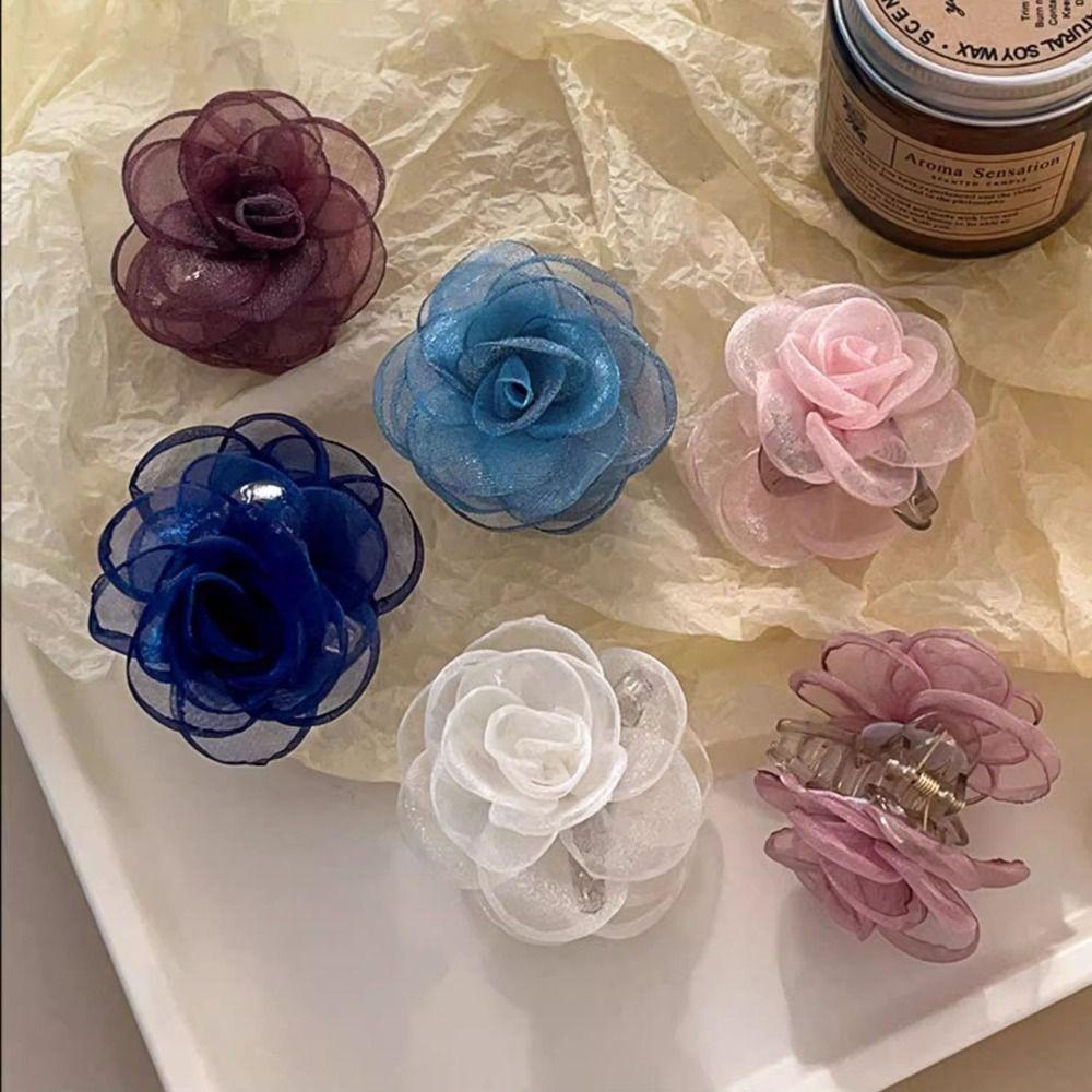 French Style Camellia Shark Clip Mesh Flower Claw Clip Simple Simulation Flower Hair Claw  Girl