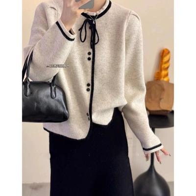 Koreanischer Stil Herbst Neuer Pullover Cardigan Damen Locker Schlankmachender Pullover Schleife Rundhals Temperament Jacke