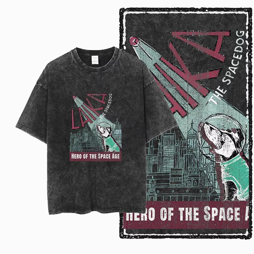DCA LAIKA DOG Printed Acid Washed Cotton Streetwear Exclusive Graphic Unisex T Shirt Cool Vintage Men Daily Oversized Top