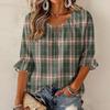 Women's Fashion Round Neck Tie-Front Check Print Blouse with Ruffle Hem and Three-Quarter Sleeves