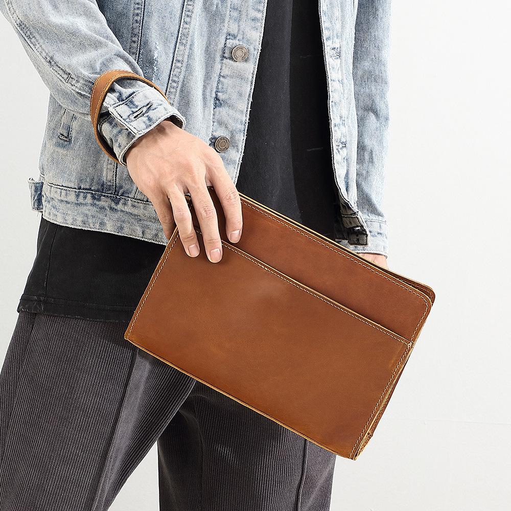 Borsa a mano da uomo in vera pelle, Borsa a tracolla in pelle Crazy Horse, Portafoglio lungo in pelle da uomo, Borsa a mano lunga multifunzionale in pelle
