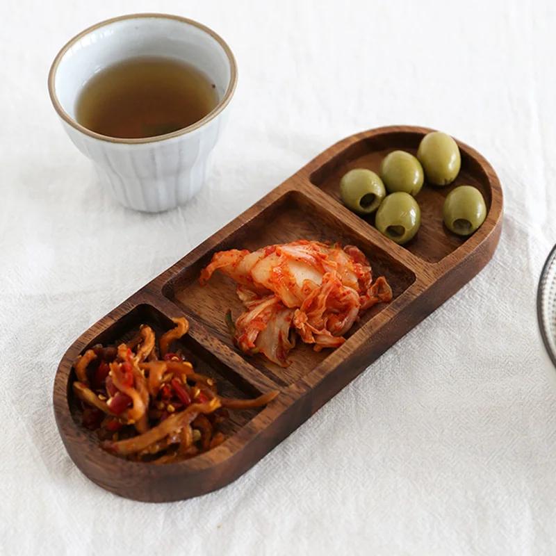 3-Grid Seasoning Dipping Dish, Wooden Saucer Appetizer Plate, Dry Fruits Nut Snack Dish Tray for Restaurant / Kitchen