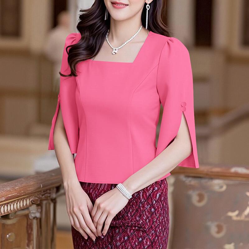 

ZANZEA Women Elegant Square Neck Casual Split 3/4 Sleeve Plain Blouse S розовый