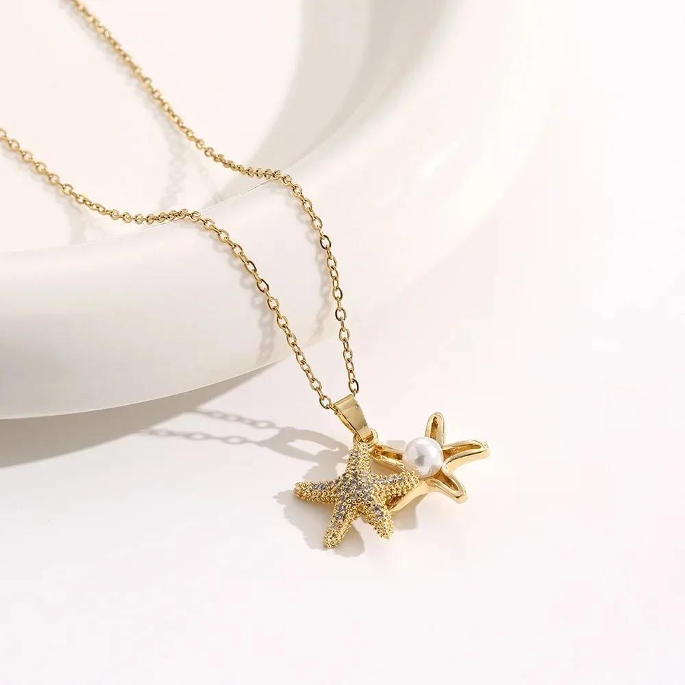 Charm Trendy Full Zircon Starfish Pearl Pendant Necklace for Women Luxury Gold Color Stainless Steel Summer Beach Collar Jewelry
