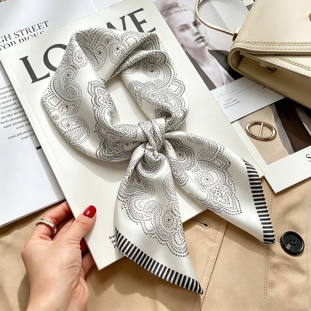 Commuter elegant flower silk scarf women's contrasting color retro printing satin scarf shirt with multi-purpose decorative small scarf