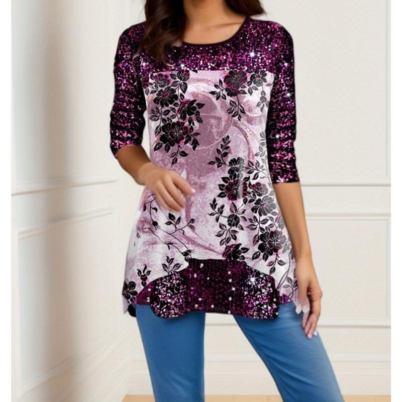 JKASHDK Women's Fashion Casual Summer Spring Flower Pattern Print 3/4 Sleeves O-Neck Blouses & Shirts