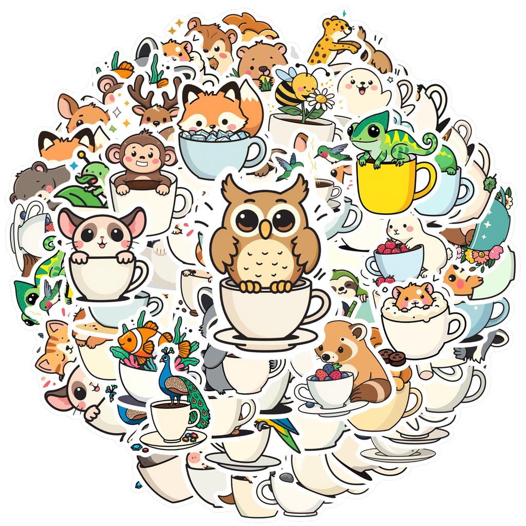 35-100pcs Animal Cup Sticker Album Scrapbooking Decoration Sticker Kawaii Stationery Teacher Reward Stickers Deco Luggage Laptop