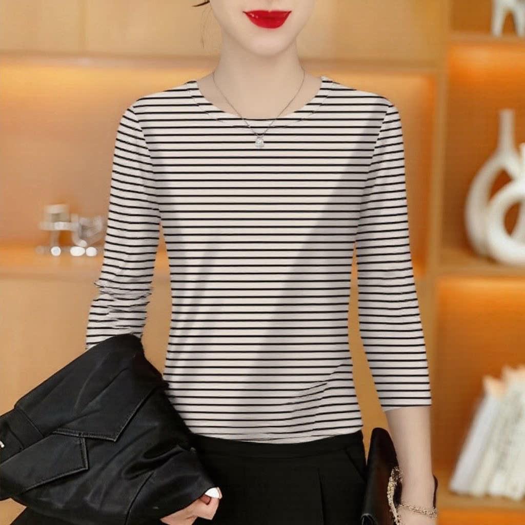 T-shirt rayé à manches longues grande taille pour femme - Tendance, Anti-âge, Amincissant, Couche de base pour mamans d'âge mûr, Couvre le ventre et coupe ample