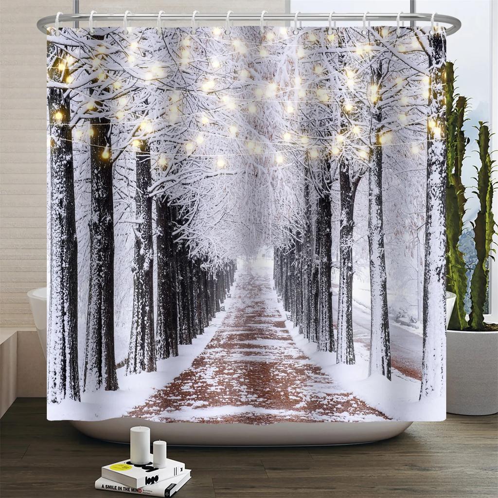 Winter Christmas Shower Curtains Natural Forest Snow Landscape Home Bathroom Curtain Waterproof Washable Bathtub Screen Decor