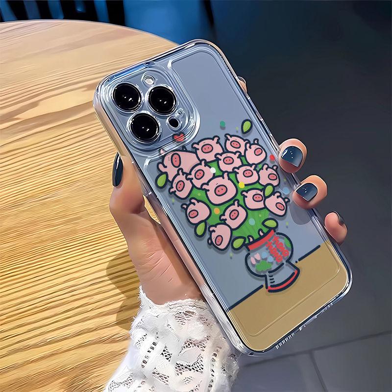 Green Plant Potted Pig Transparent Phone Case for Apple iPhone 13/14/15/16/17 Pro/Pro Max - Soft Shell