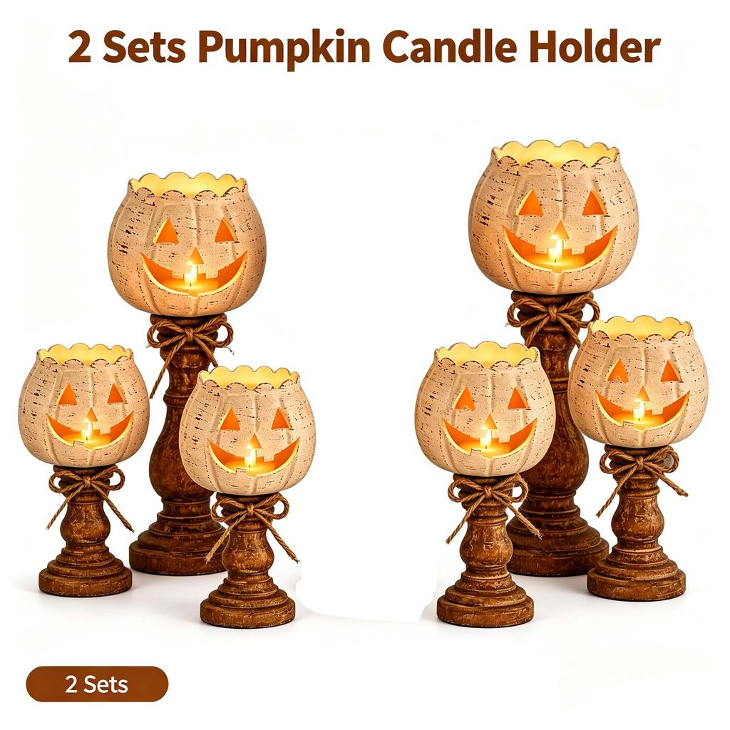 Vintage Distressed Pumpkin Tea Light Candle Holder Set Rustic Farmhouse Halloween Table Decor for Home Party Holiday Mantel