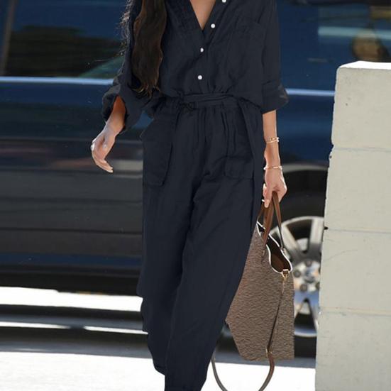 V-neck Buttons Closure Belt Women Jumpsuit Women Casual 3/4 Sleeve Solid Color Cargo Jumpsuit Ladies Outfit