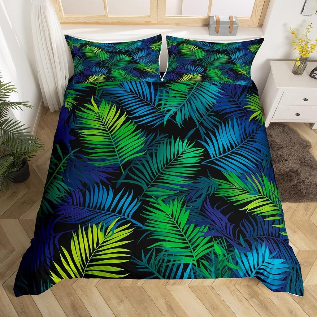 Tropical Botanical Duvet Cover Gold Palm Tree Leaf Comforter Cover King Jungle Nature Theme Watercolor Plant Leaves Bedding Set