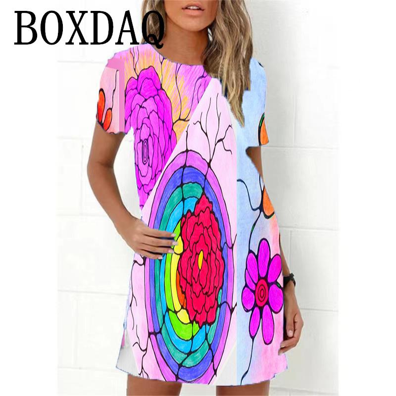 2023 Neues Sommer Damenkleid Retro Hippie 60er Vintage Flower Power Lockeres A-Linien-Kleid Lässig Übergroß Damen 3D-Druck Minikleid