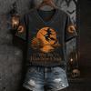 Women's Casual V-Neck Short Sleeve T-Shirt with Halloween Print and Shoulder