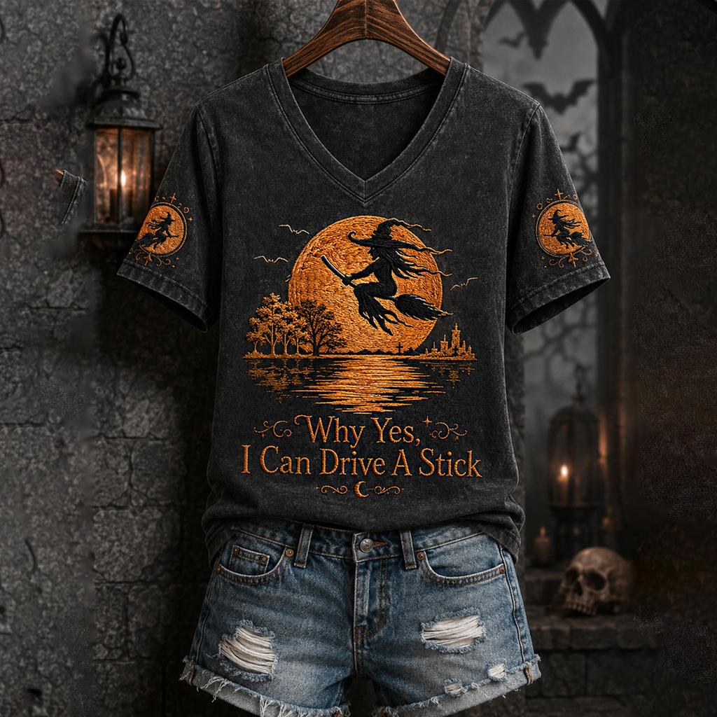 Women's Casual V-Neck Short Sleeve T-Shirt with Halloween Print and Shoulder