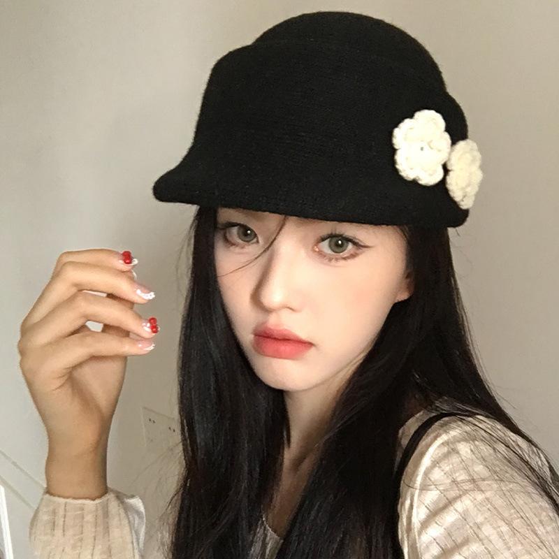 Korean Ins Flower Beret Children Autumn And Winter Niche Face Small Black Knitted Newsboy Top Hat