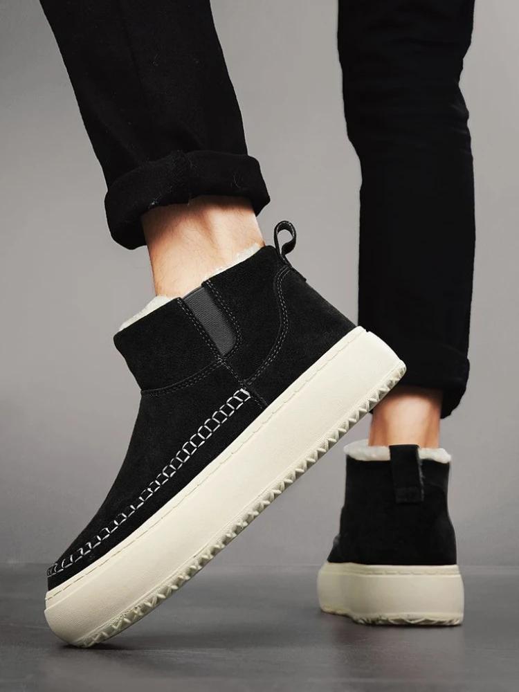 Men's Winter Retro Snow Boots Outdoor Thick Fleece Lined Warm High Top Cotton Shoes Thick Sole Height Boosting Cold Resistant